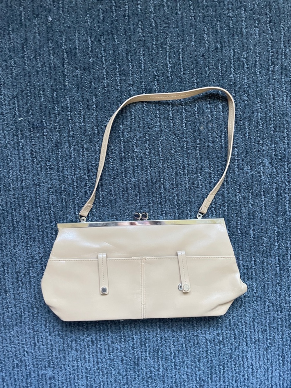 Classic Pleather Cream Shoulder Bag with Metal Snap Frame
